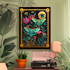 Luna Moth Eye Art Print – Dark Academia Wall Art Surreal Maximalist Wall Art Witchy Garden Decor Lunar Moth Art Celestial Gothic Print