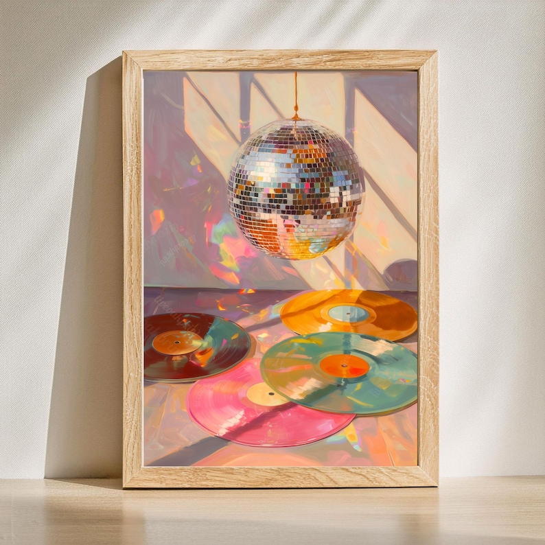 Diskokugel und Schallplatten Wand Kunst 2er-Set Prints - Funky Maximalist Wand Kunst Retro Wand Dekor Geschenk für Schallplatten Liebhaber Disco Ball Musik Kunst Bild 7