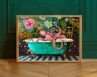 Octopus In A Bathtub Horizontal Print - Landscape Bathroom Artwork Blue Ocean Art Funny Washroom Decor