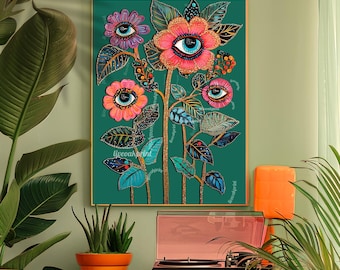 Surreal Flower Wall Art   Eye Art Print for Boho Gallery Wall - Psychedelic Wall Decor Maximalist Floral Art Eclectic Home Style