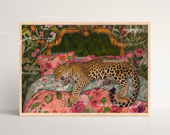 Olive Green Sleepy Leopard In a Vintage Bed - Leopard Bedroom - Maximalist Wall Art - Leopard Print - Leopard Wall Art - Army Green Decor