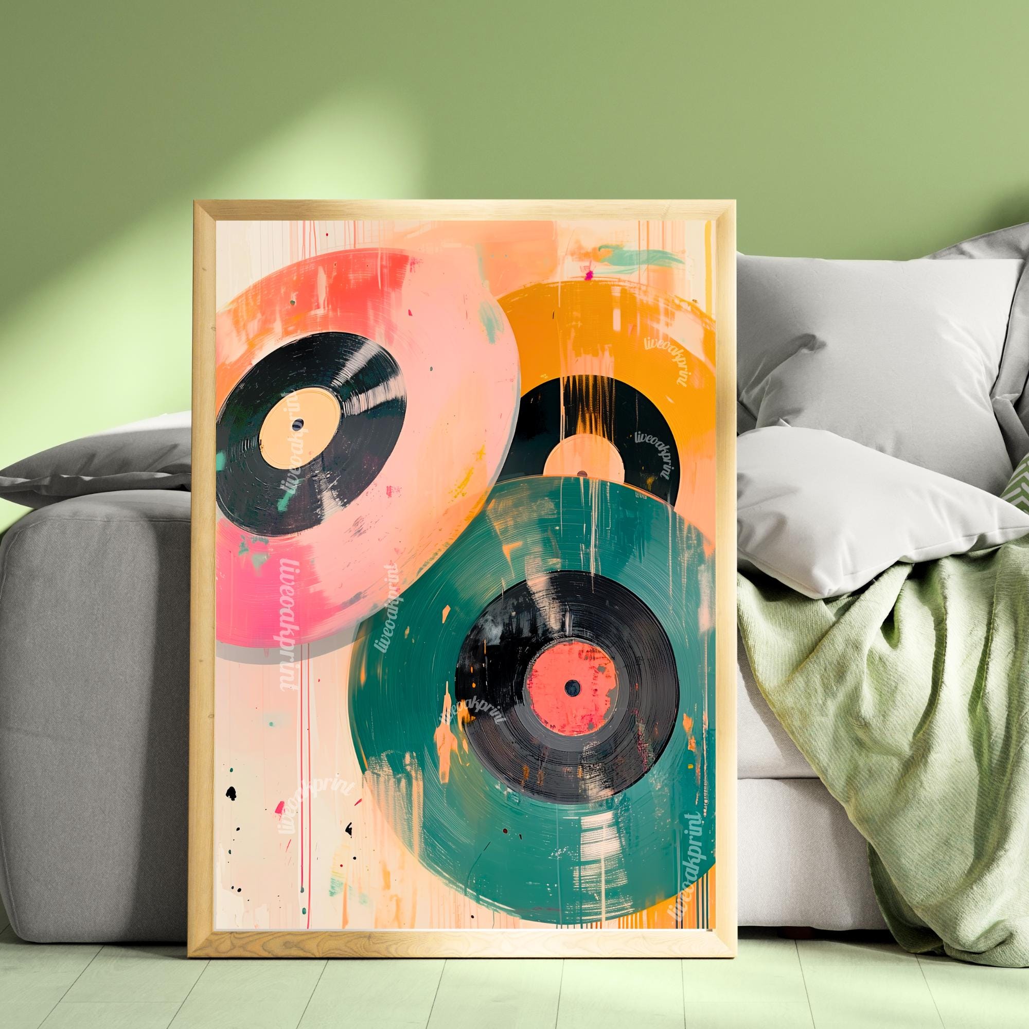 Retro Vinyl Painting - Pink, Orange, and Teal Vinyl Records