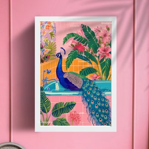 Peacock in A Bathtub - Tropical Bathroom Art - Pink Maximalist Bathroom Print - Boho Bathroom - Jungle Bathroom - Maximalist Wall Art