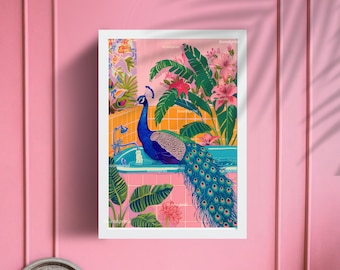 Peacock in A Bathtub - Tropical Bathroom Art - Pink Maximalist Bathroom Print - Boho Bathroom - Jungle Bathroom - Maximalist Wall Art