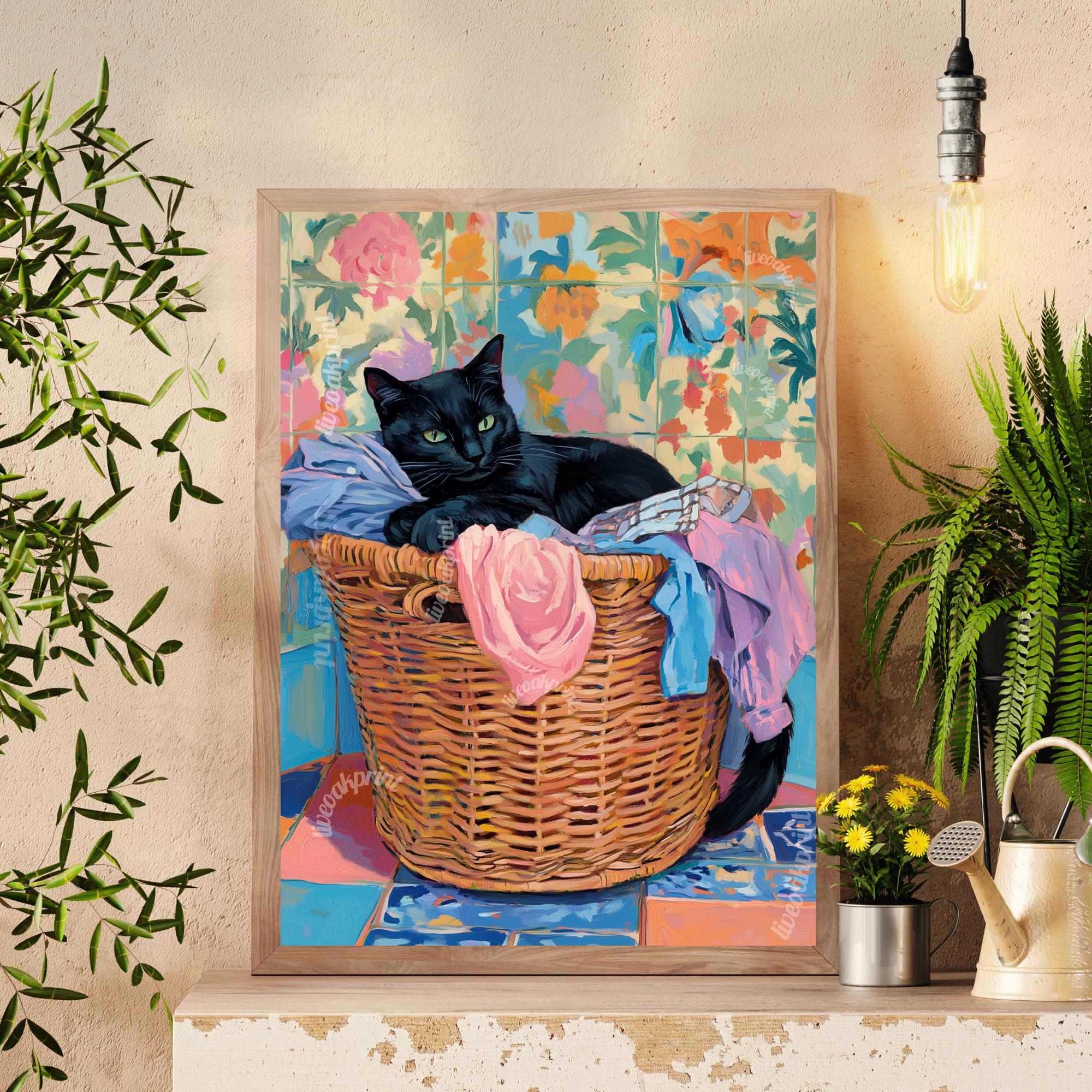 Black Cat Laundry Print - Black Cat Wall Art - Whimsical Laundry Room ...