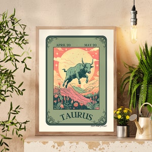 Impression de tarot taureau - impression d'art carte de tarot taureau - art du zodiaque taureau - astrologie taureau - cadeau d'anniversaire de mai