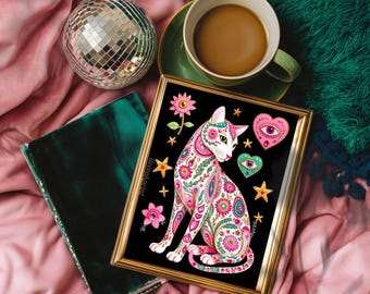 Sacred Heart Cat Print – White Cat Wall Art Sacred Heart Art Print Folk Art Wall Art White Cat Gift Ideas Pink Black Cat Print Funky Cat Art