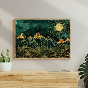 Green and Gold Shining Sun Print - Mountain Wall Art - Celestial Wall Art -  Boho Home Decor - Whimsical Wall Art - Dark Academia