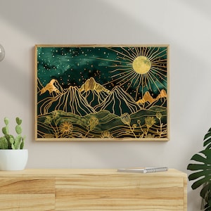 Grün and Gold glänzender Sonnendruck - Bergwandkunst - Himmlische Wandkunst - Boho Wohnkultur - Wunderliche Wandkunst - Dark Academia
