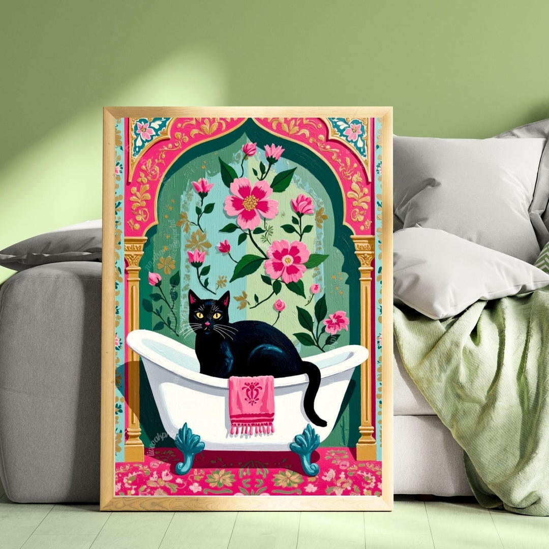 Black Cat Bathtub Print Grandmacore Bathroom Art - Pink Floral Powder ...