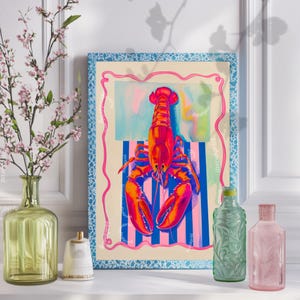 Lobster Art Print - Coastal Wall Decor Boho Kitchen Print Seafood Wall Decor Pink and Blue Art Print Ocean Themed Colorful Kitchen Decor
