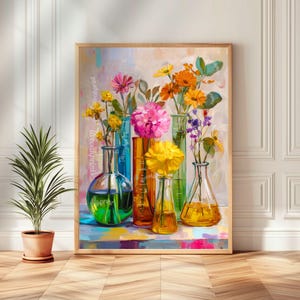 Lámina artística de laboratorio de flores coloridas: arte mural brillante inspirado en la ciencia con vasos y flores, ideal para decorar aulas STEM o jardines.