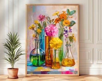 May include: A framed art print featuring a still life of colorful flowers in glass beakers. The artwork showcases a variety of blooms in shades of pink, yellow, orange, and purple, set against a soft, abstract background. The beakers contain vibrant liquids.