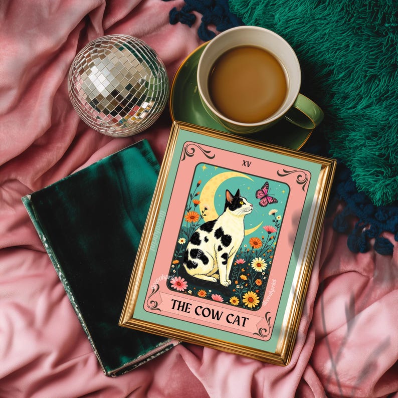 Cow Cat Tarot Card Wall Art – Cow Cat Artwork Black and White Cat Poster Witchy Cat Decor Moo Cat Wall Art Gift Cow Cat Gift Idea bild 2