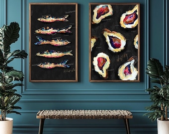 Oyster Art Print & Sardine Wall Art Set - Coastal Kitchen Decor - Seafood Lover Gift - Nautical Wall Print Pair for Beach House Dining Room