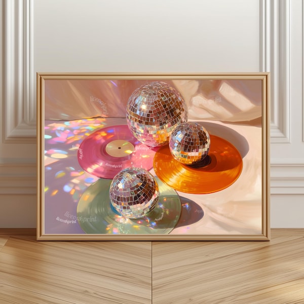 Disco Records Print Horizontal -  Disco Ball Wall Decor Retro Record Wall Art Dopamine Decor Bedroom Room Decor Music Nook Wall Art