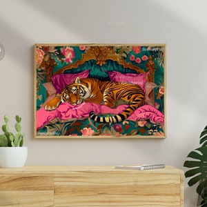 Sleeping Tiger Print - Maximalist Tiger Wall Art - Tiger Bedroom Decor - Bold Animal Wall Art - Maximalist Boho Tiger Print