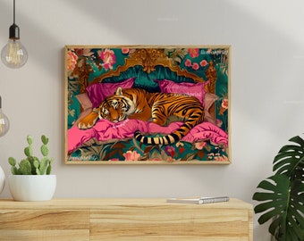 May include: A tiger is sleeping on a pink and green floral patterned bed with a gold headboard. The tiger is orange and black with white stripes. The bed is surrounded by lush green foliage and pink flowers.