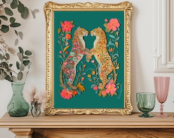 Jaguar Wall Art - Maximalist Wall Decor - Psychedelic Wall Art Maximalist Leopard Print Floral Wall Art Jungle Wall Decor Green and Pink Art
