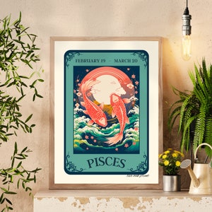 Pisces Tarot Print - Pisces Tarot Karte Poster - Pisces Wandkunst - Sternzeichen Kunst - Virgo Sternzeichen - März Geburtstagsgeschenk - Retro Pisces Wandkunst