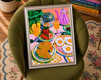 Disco Brunch Wall Art, Maximalist Food Print, Brunch and Mimosa Poster, Pink Kitchen Decor, Funny Foodie Wall Art, Eclectic Dining Art