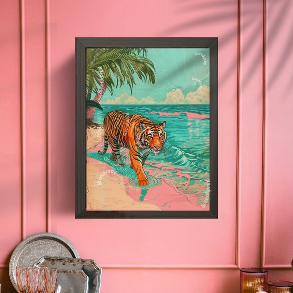 Tiger On The Beach - Vintage Tiger Print - Pink Maximalist Print - Boho Wall Art - Tropical Beach Print - Tropical Tiger Print