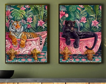 Black Panther & Tiger in Bathtub - Luxury Animal Print Set - Maximalist Bathroom Art - Tropical Jungle Wall Decor - Bold Statement Piece