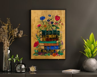 Reading Print - Vintage Stack of Books Wall Art - Reading Nook Decor - Whimsigoth Book Lover Print - Cozy Library Aesthetic