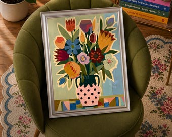Amelia Mid Century Modern Floral Wall Art, Teal Retro Botanical Wall Decor Blue and Terracotta MCM Print