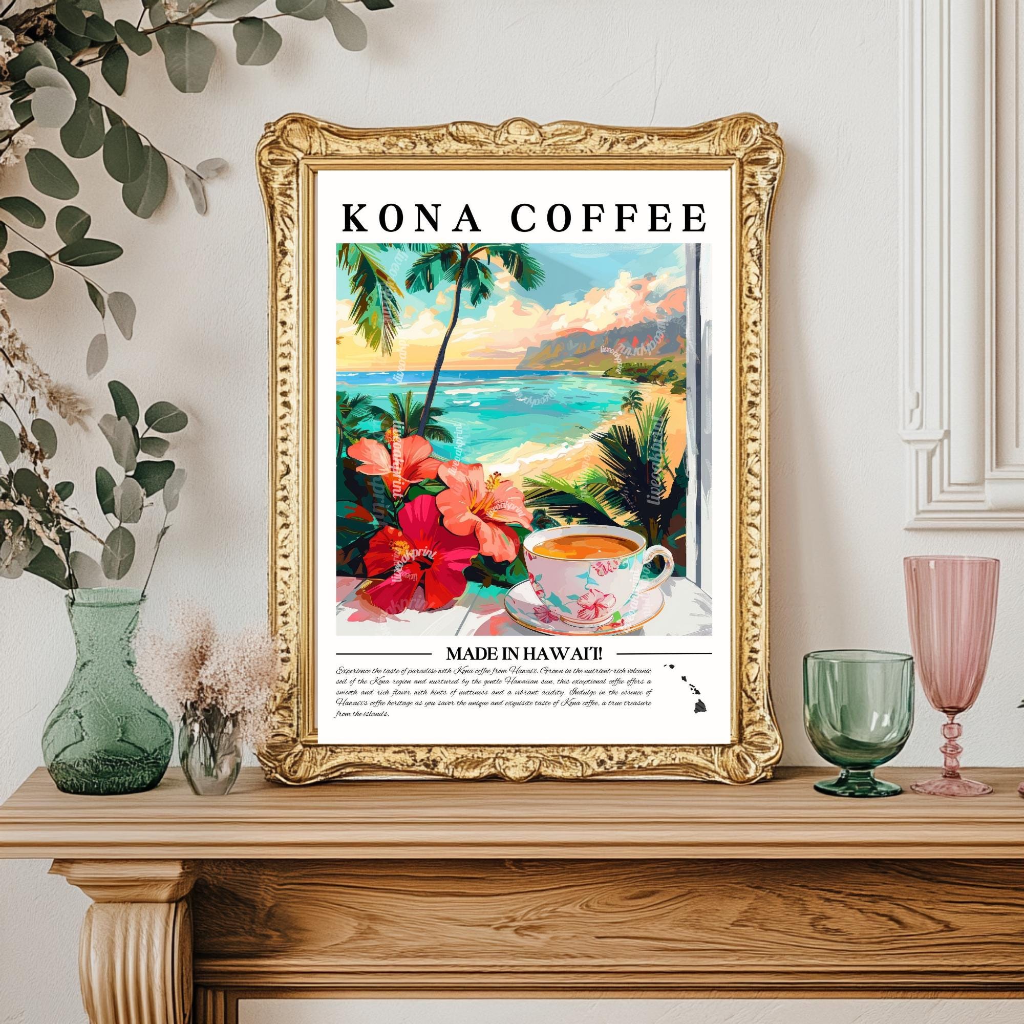 Kona Coffee Wall Art - Hawaii Kitchen Decor Tropical Coffee Print