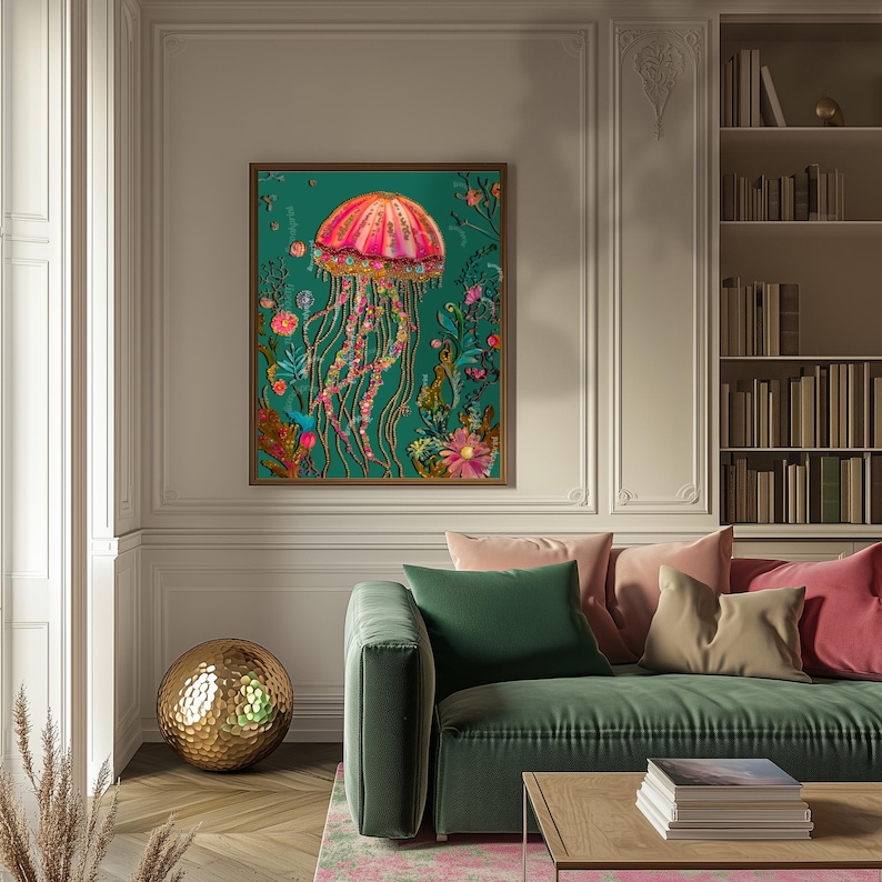 Op de afbeelding: Een ingelijste kunstdruk met een levendige illustratie van een kwal. De kwal heeft een roze en oranje bel met lange, vloeiende tentakels. De achtergrond is teal met kleurrijke bloemen en plantendetails. Het kunstwerk wordt in een woonkamer getoond.