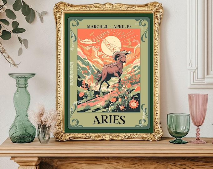 Aries Tarot Print – Aries Gift, Aries Art Print Zodiac Wall Art Astrology Decor Fire Sign Poster March Birthday Gift Aries Wall Decor