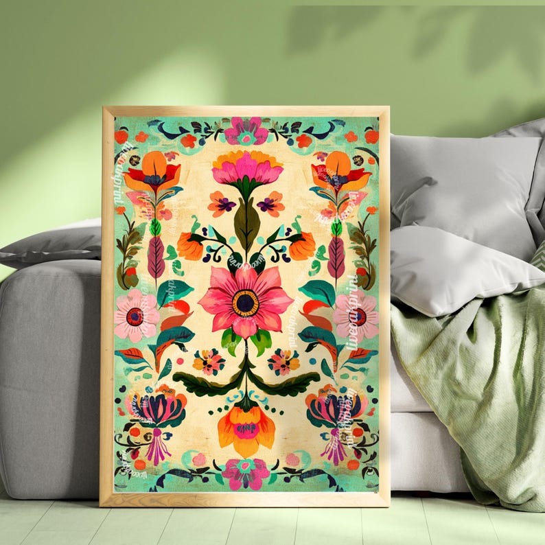 Mexican Folk Art Print - Pink and Green Floral Print - Vintage Folk Art ...