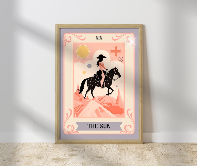 May include: A tarot card illustration featuring a woman riding a horse with stars on its body. The card is pink and has a purple border. The text "XIX THE SUN" is at the bottom of the card.