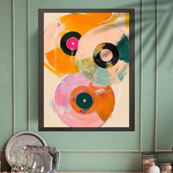 Retro Vinyl Painting - Pink, Orange, Green Teal Vinyl Records - Vintage Music Wall Decor - Colorful Record Player Print - Music Nook Art