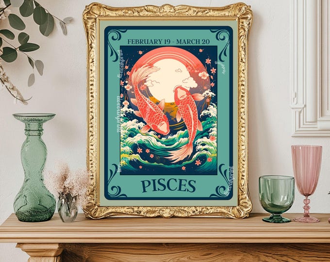 Pisces Tarot Print – Pisces Gift, Zodiac Wall Art Astrology Poster Dreamy Water Sign Decor February Birthday Gift Pisces Art Print
