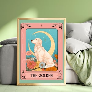 Carta del Tarot del Golden Retriever (Inglés, Crema) - Arte mural de Golden Retriever blanco, regalo para amantes de los perros