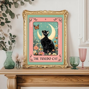 Impression d'art chat smoking – Décoration murale chat noir et blanc Poster chat botanique de sorcellerie Cadeau pour amoureux des chats bohème Décoration murale chat smoking Cadeau chat smoking