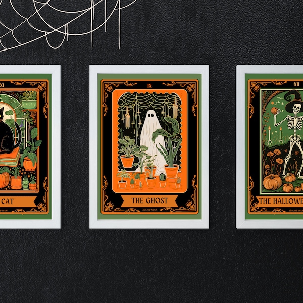 Impresiones de cartas de tarot de Halloween - Esqueleto de fantasma de gato - Decoración de Halloween vintage - Decoraciones de Halloween sostenibles - Halloween ecológico