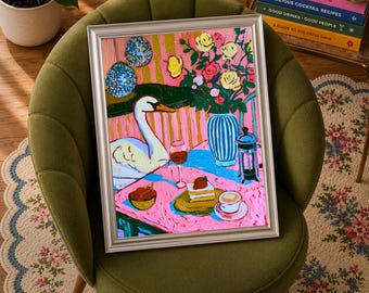 Swan Kitchen Wall Art, Maximalist Bird Print, Whimsical Coquette Poster