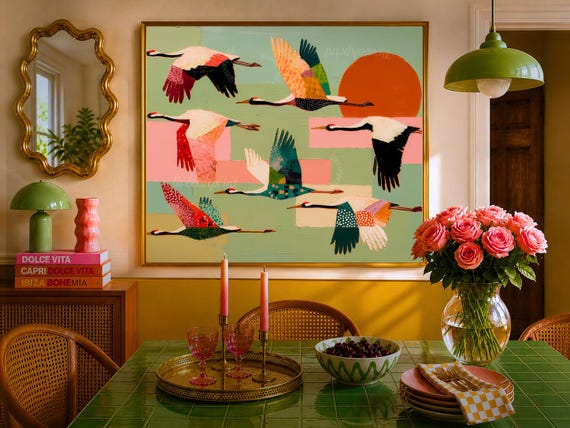 Colorful Mid Century Modern Cranes Wall Art - Birds In Flight Art Print Herons