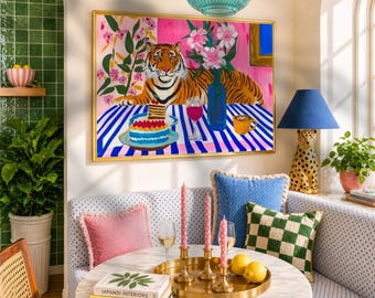 Treats for Tiger Wall Art -  Maximalist Animal Print Blue and Pink Cozy Home Decor