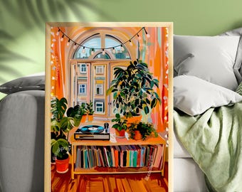 Retro Vinyl Record Print - Cozy Reading Nook Wall Art - Boho Living Room Decor - Warm Botanical Art - Modern Plant Lover Wall Art