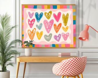 Horizontal Heart Print – Colorful Folk Heart Wall Art – Bright Maximalist Wall Decor – Whimsical Pastel Rainbow Art – Coquette Dopamine