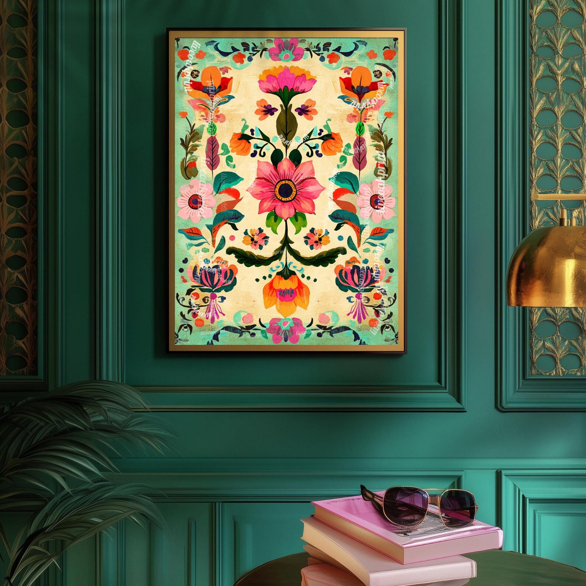 Mexican Folk Art Print - Pink and Green Floral Print - Vintage Folk Art ...