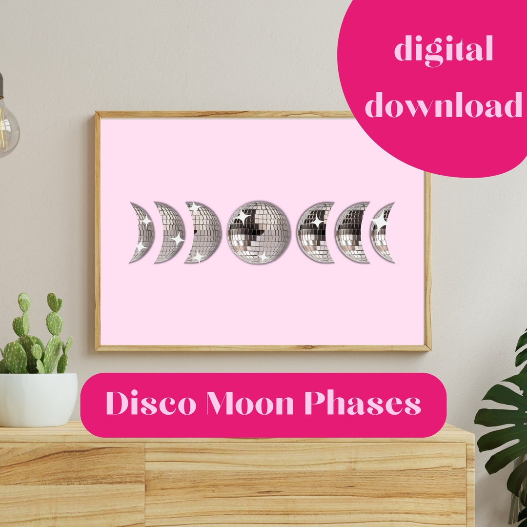 Disco Ball Moon Phases Print Digital Download Pink Disco Etsy