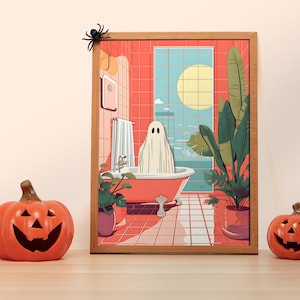 Oscar The Ghost Takes A Bath in a Luxurious Pink Bathroom - Cute Ghost Print - Cute Ghost - Spooky Bathroom Art - Witchy Bathroom Decor