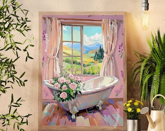 Rose Bathtub Wall Art - Blush Pink Floral Bathroom Print - Pastel Cottagecore Decor - Whimsical Vintage Bathroom Art - Calming Home Decor