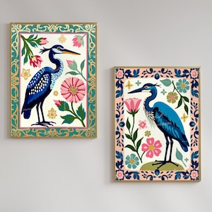 Cranes Wall Art Two Art Print Set - Blue Heron Wall Art Set of Two Canvas Framed or Unframed Boho Modern Japandi Prints