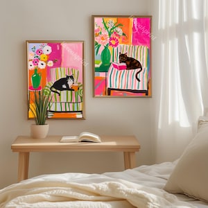 Schildpad kat lezen print – Tortie kat kunst aan de muur gezellige leeshoek decor Schildpad kat cadeau voor boekenliefhebbers Dopamine kat decor afbeelding 4